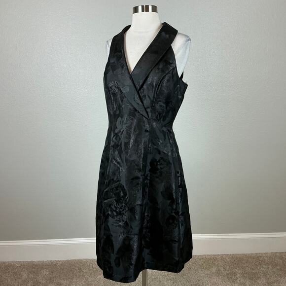 Adrianna Papell Black Tuxedo Cocktail Dress SZ 10 Metallic Floral Fit and Flare - Picture 4 of 13